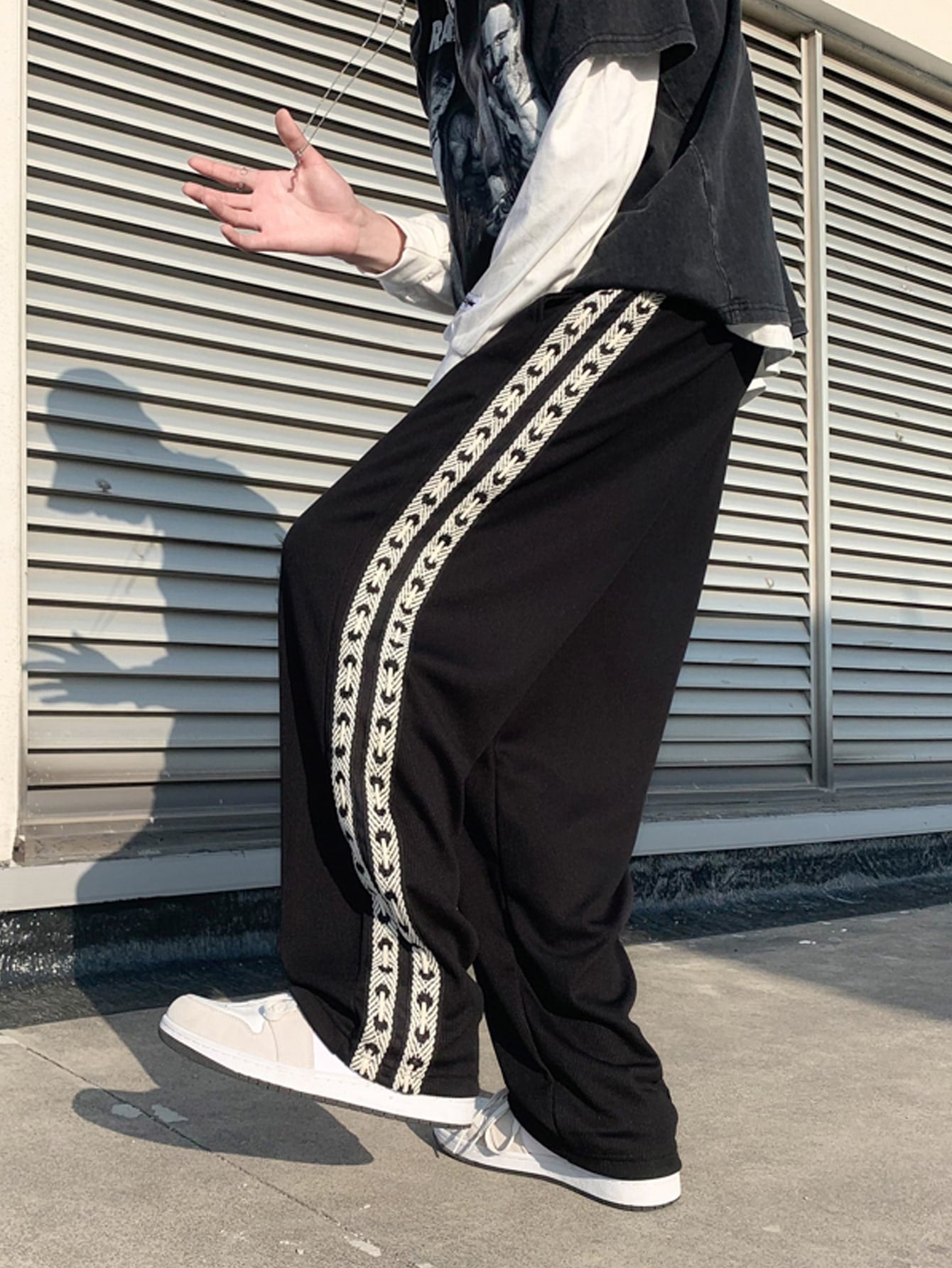Men's Contrasting Double Tape Side Pants Baggy Long Drawstring Sweat Pant