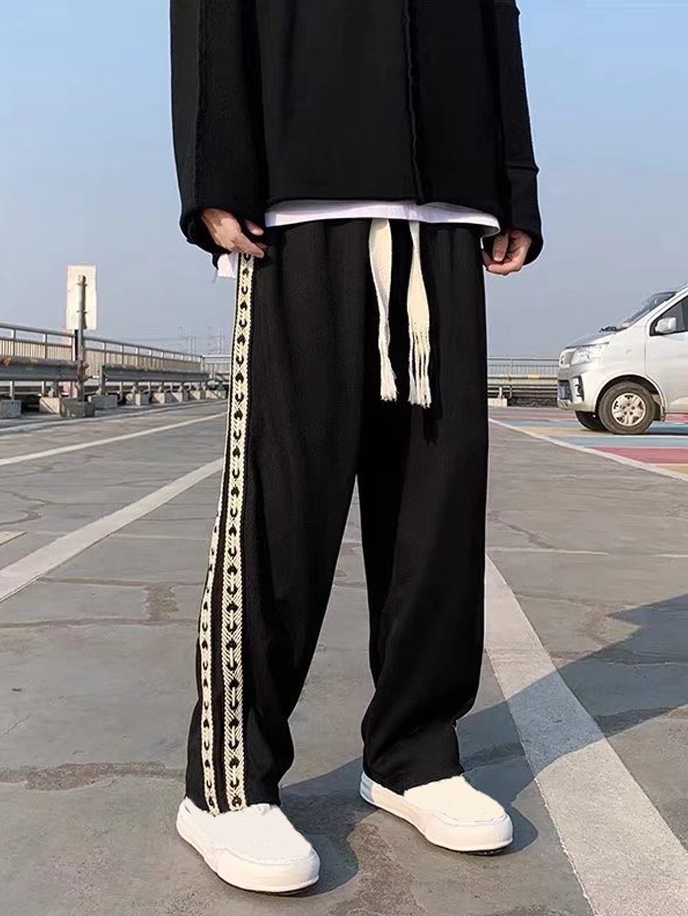 Men's Contrasting Double Tape Side Pants Baggy Long Drawstring Sweat Pant