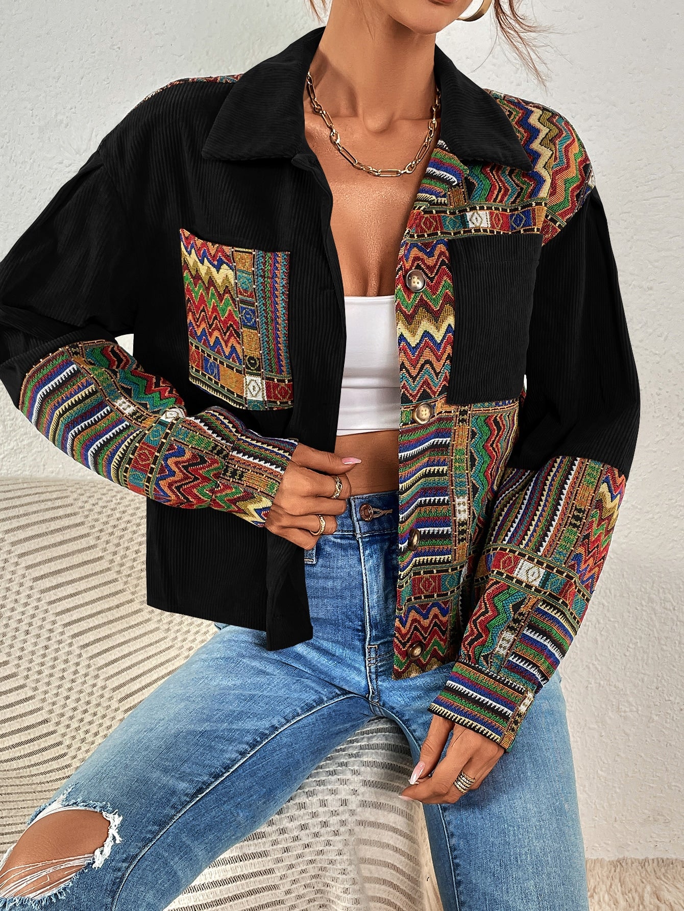 Lust Geo Print Drop Shoulder Corduroy Jacket