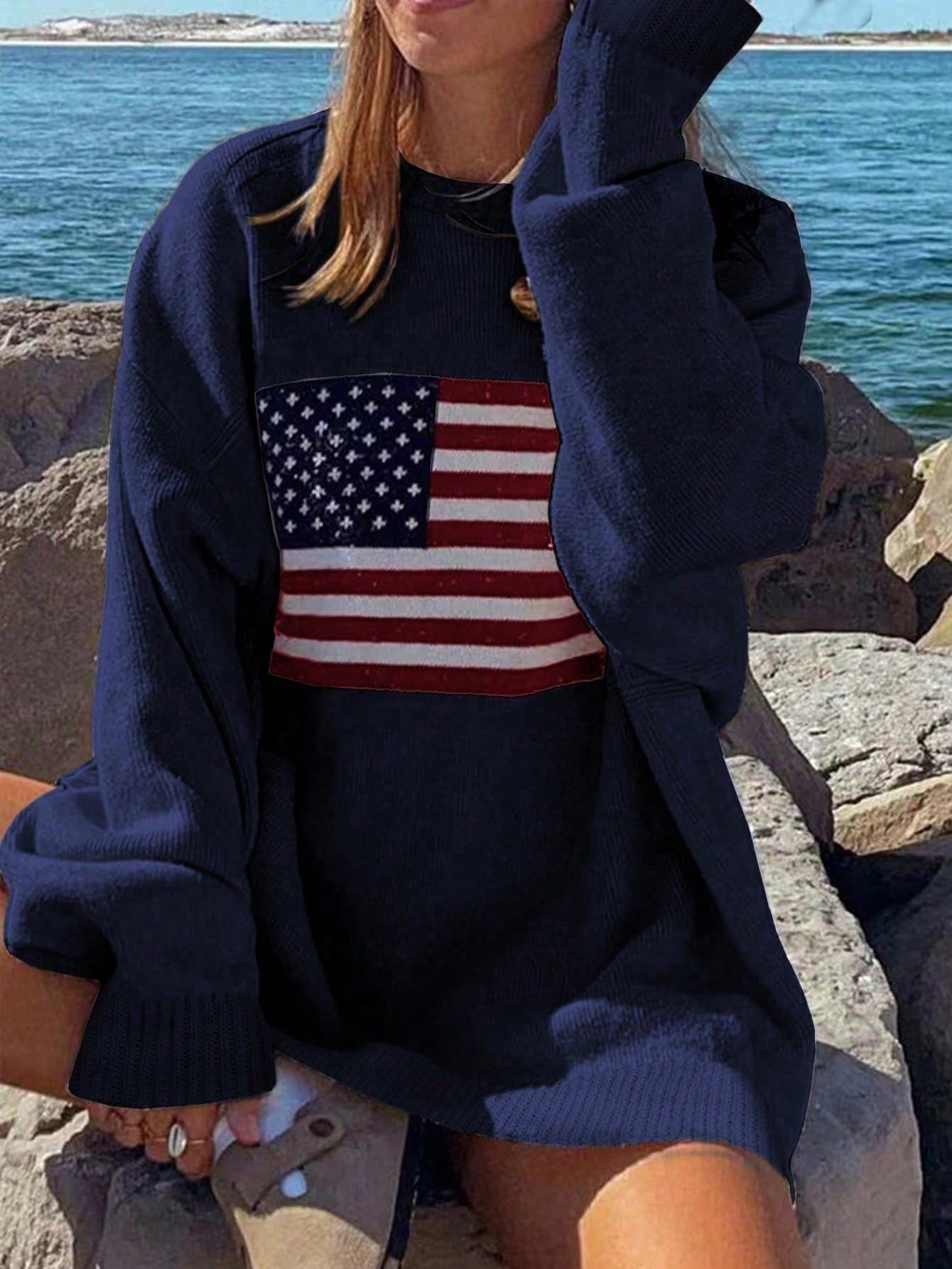 Flag Pattern Drop Shoulder Long Sleeve Sweater