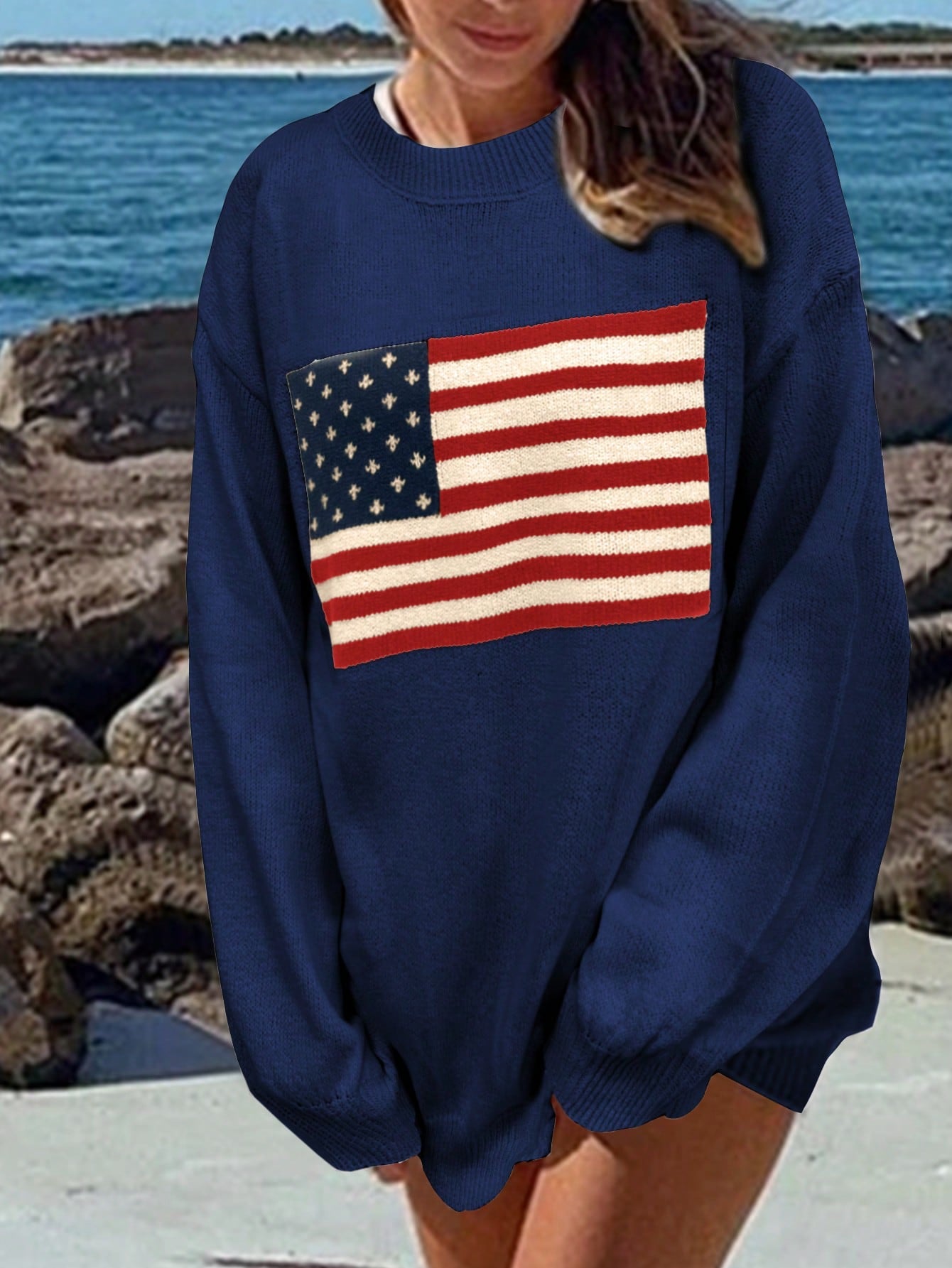 Flag Pattern Drop Shoulder Long Sleeve Sweater