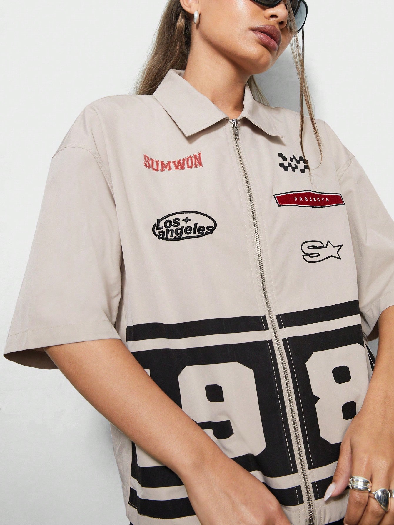 WOMEN Boxy Fit Zip Through Graphic Print Shirt