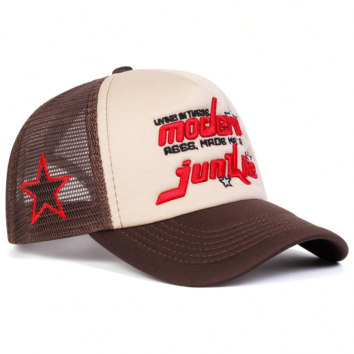 1pc Men's 5-Pointed Star Baseball Cap, Outdoor Casual Letter Trucker Hat, Breathable Mesh Sun Hat For Travel, Spring And Autumn
