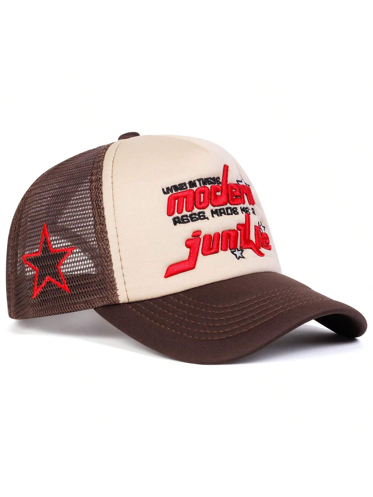 1pc Men's 5-Pointed Star Baseball Cap, Outdoor Casual Letter Trucker Hat, Breathable Mesh Sun Hat For Travel, Spring And Autumn