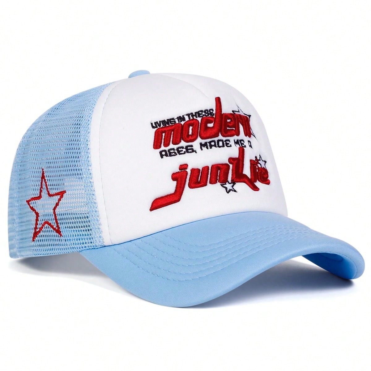 1pc Men's 5-Pointed Star Baseball Cap, Outdoor Casual Letter Trucker Hat, Breathable Mesh Sun Hat For Travel, Spring And Autumn