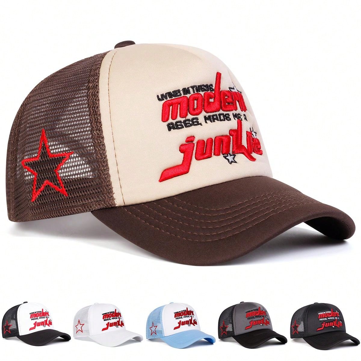 1pc Men's 5-Pointed Star Baseball Cap, Outdoor Casual Letter Trucker Hat, Breathable Mesh Sun Hat For Travel, Spring And Autumn