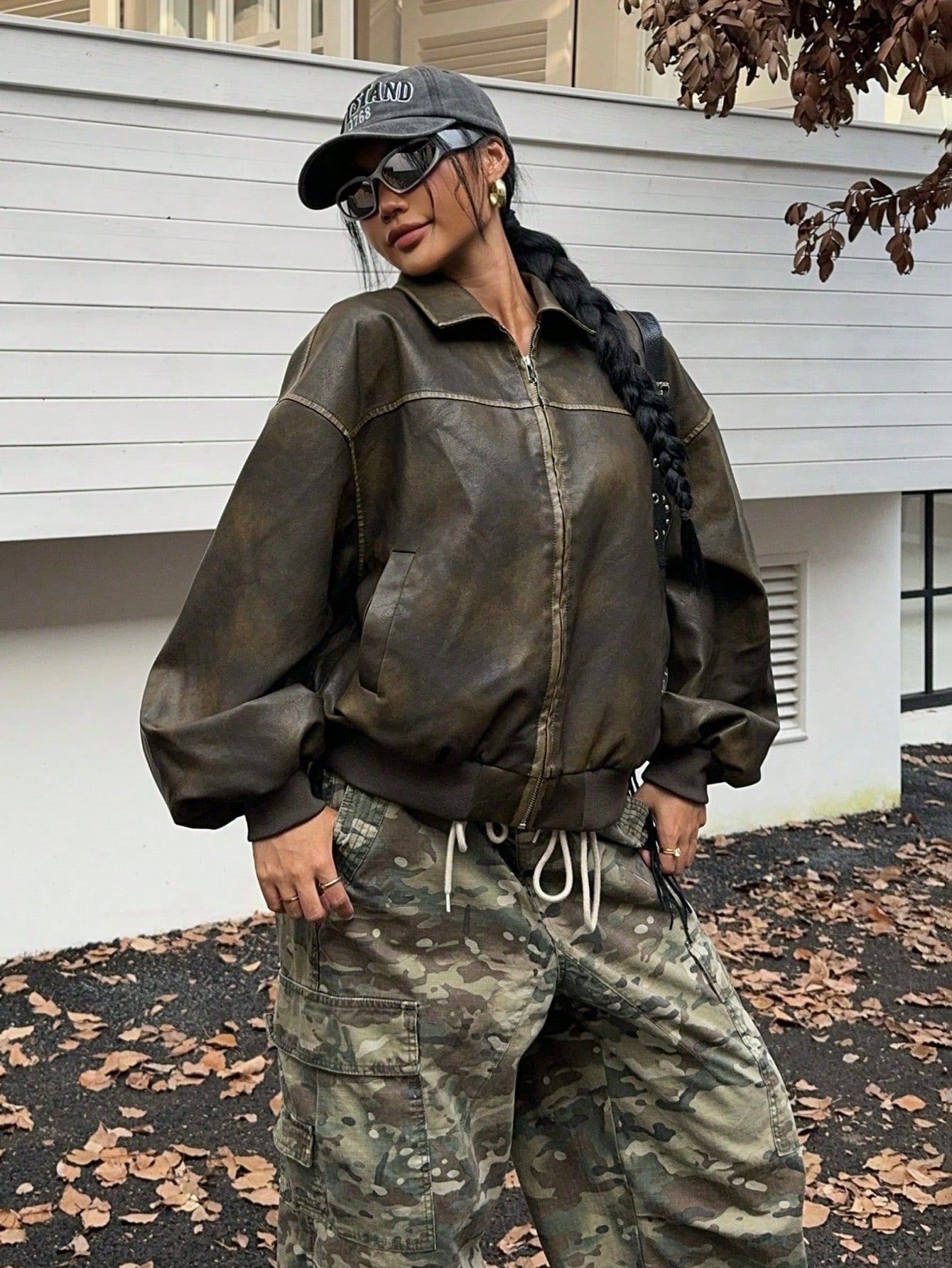 Women Front Zipper Long Sleeve Minimalist Casual Vintage Distressed Washed PU Jacket