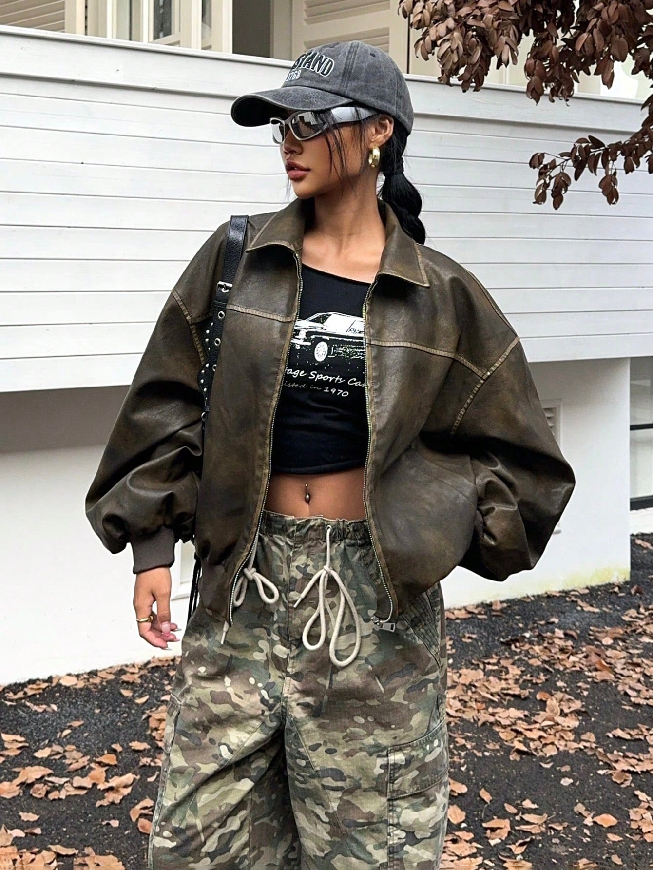 Women Front Zipper Long Sleeve Minimalist Casual Vintage Distressed Washed PU Jacket