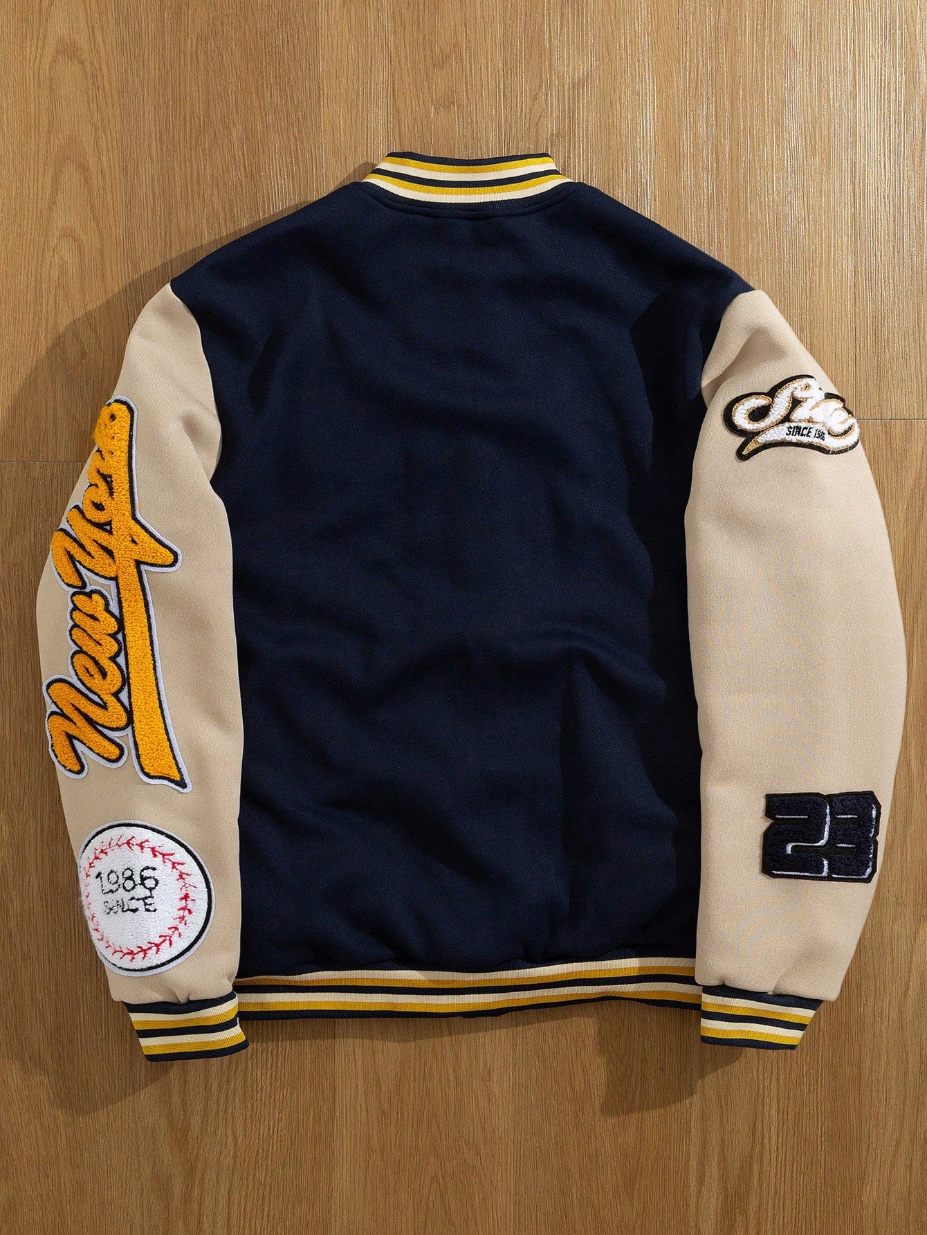 Sporsity Men's Solid Color Patchwork Front Button Letter Print Casual Baseball Jacket