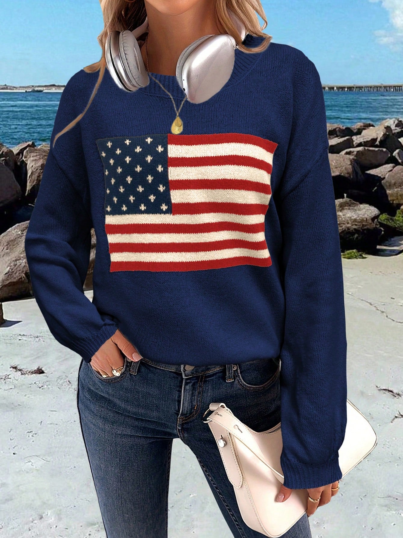 Flag Pattern Drop Shoulder Long Sleeve Sweater